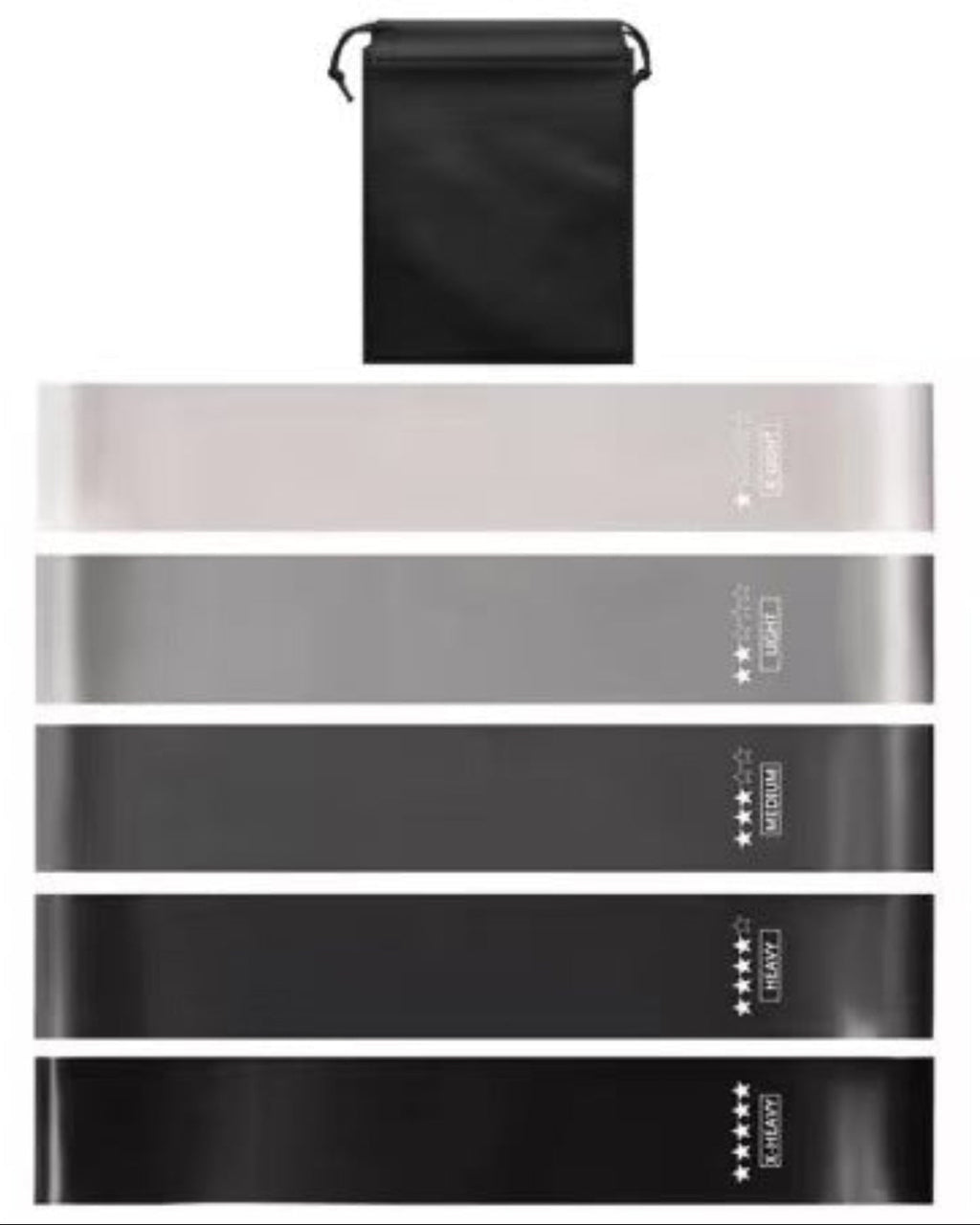 Set of resistance bands in various colors with a carrying strap on a white background