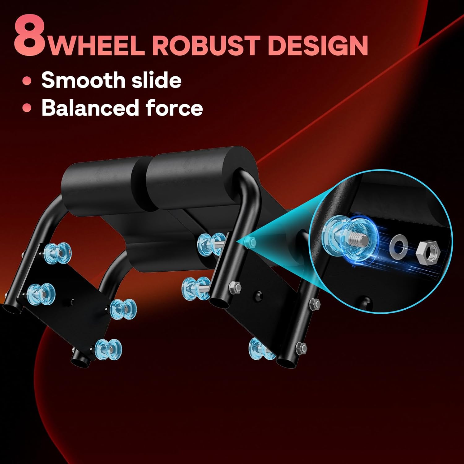 8-wheel robust design with smooth slide and balanced force on a dark background