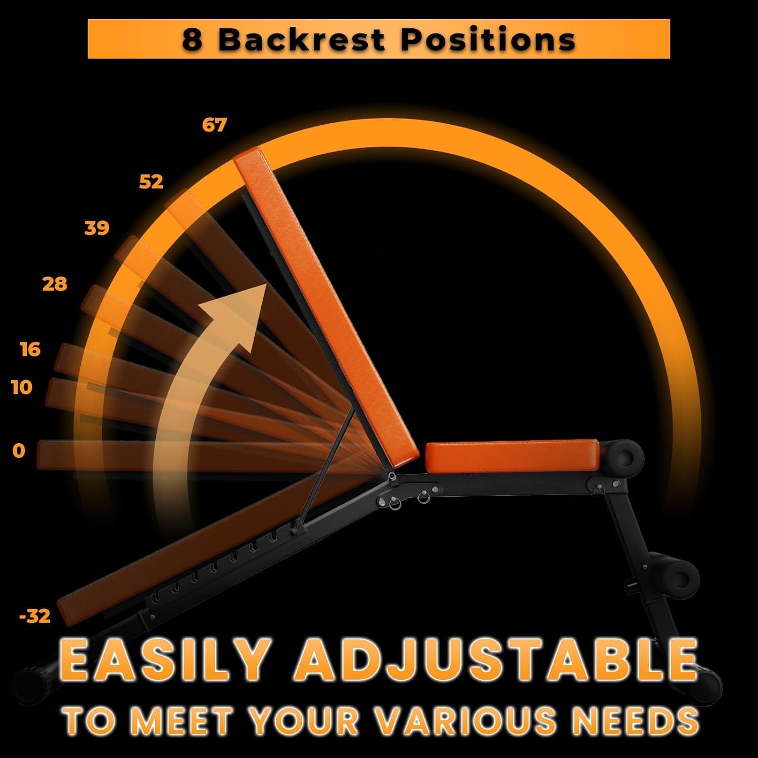 Ergonomic chair with adjustable backrest showing 8 positions on a black background