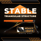 Heavy-duty workout bench with 'Stable Triangular Structure' and 'Heavy-Duty Quality Steel' text on a dark background.