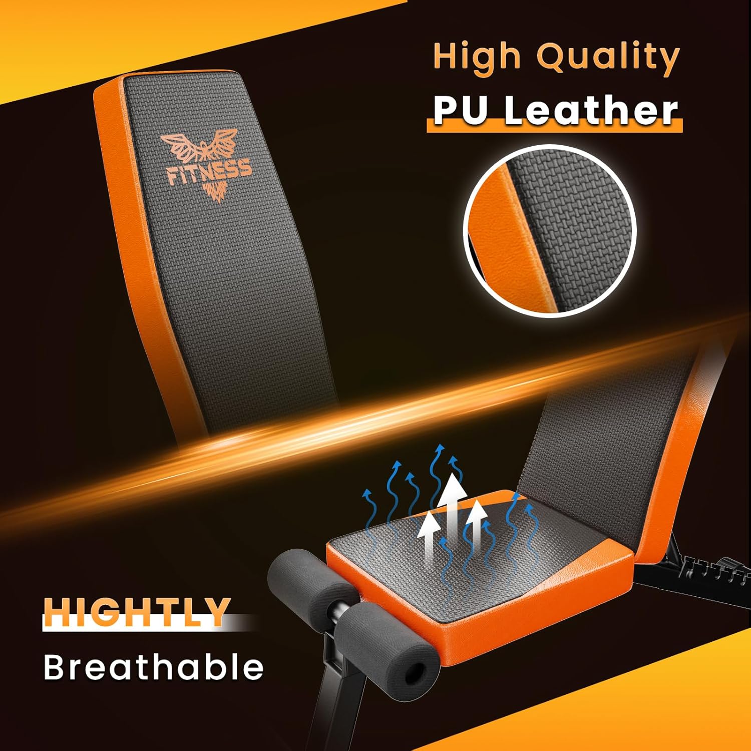 Orange and black fitness bench with high-quality PU leather and breathability features on a dark background.