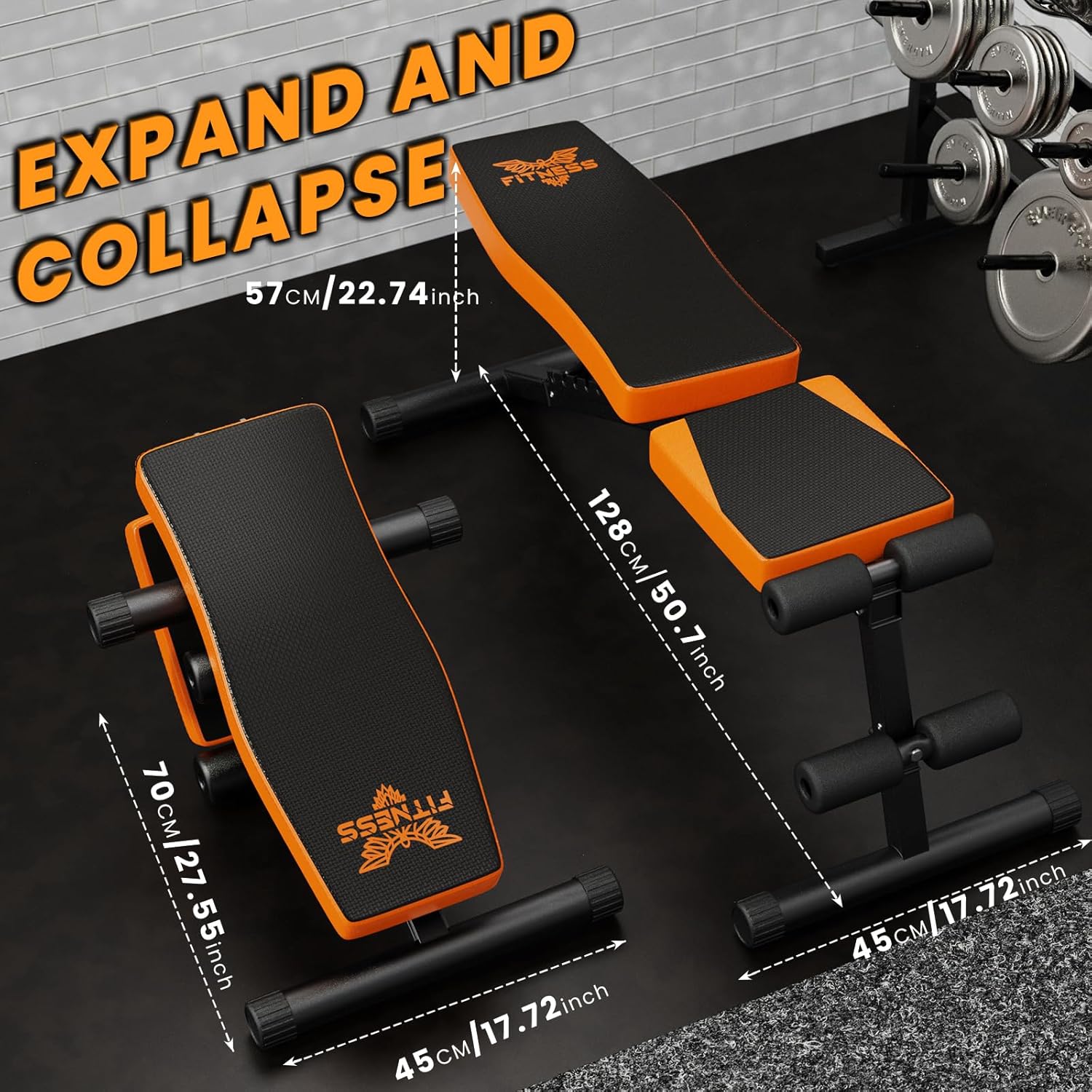 Orange and black adjustable weight bench with measurements on a dark background