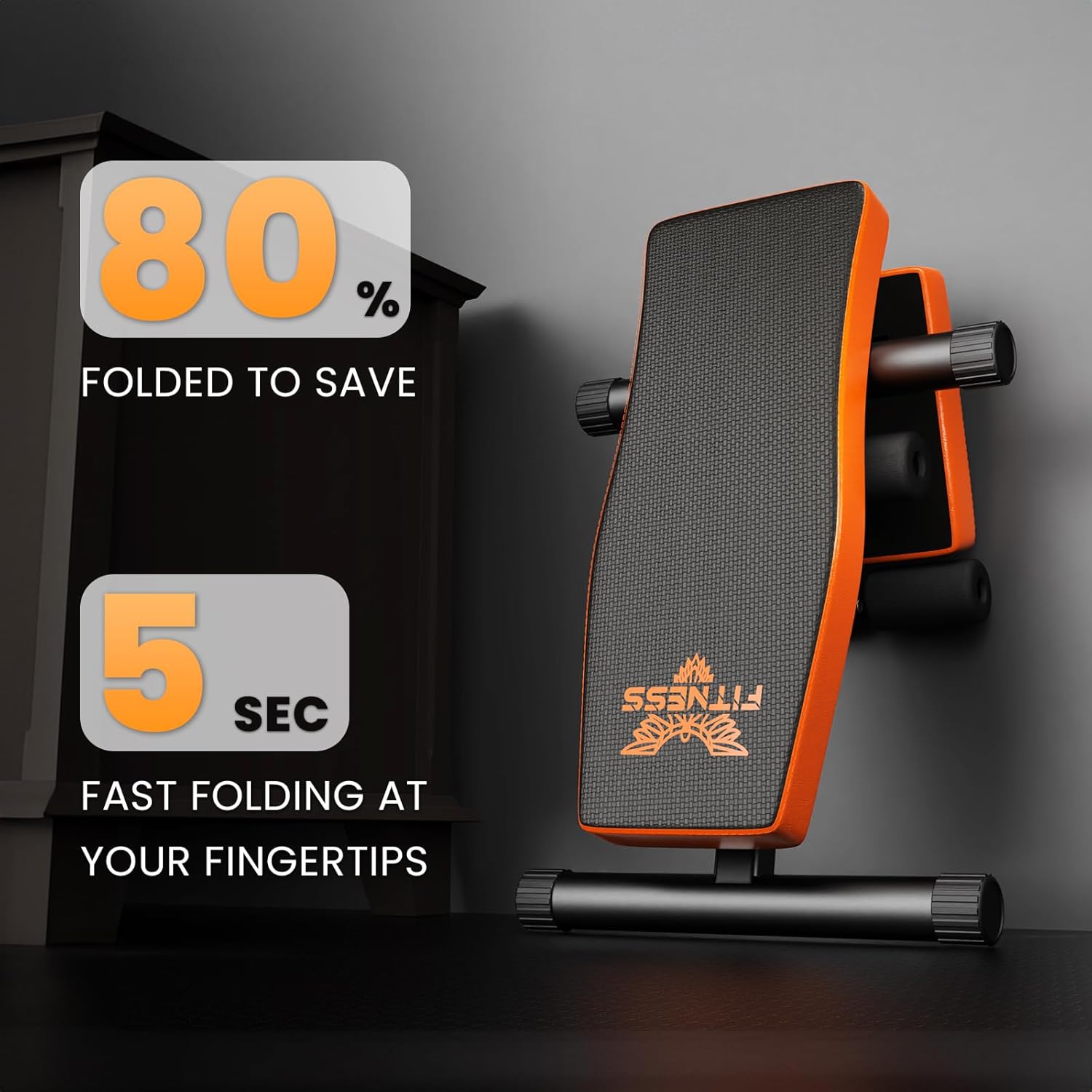 Orange and black fitness bench with folding feature text on a dark background