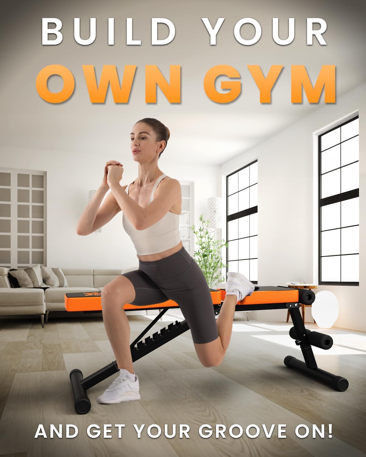 Woman exercising in a home gym with text 'Build Your Own Gym' and 'And Get Your Groove On!'.