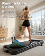 Woman running on a treadmill with a focus on reducing knee stress, in a home setting.