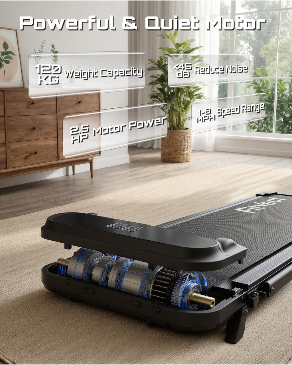 Treadmill with motor details in a home setting