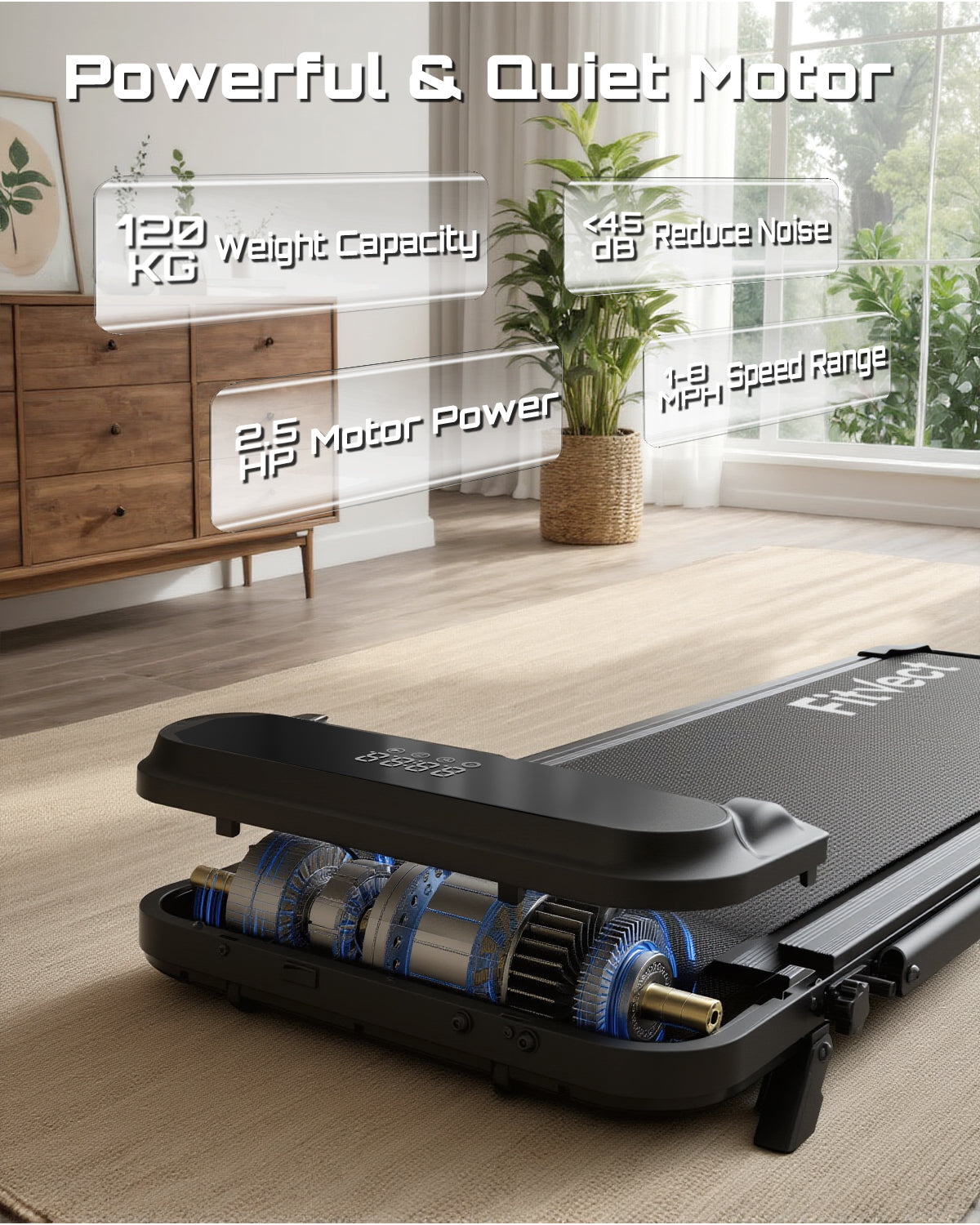 Treadmill with motor details in a home setting