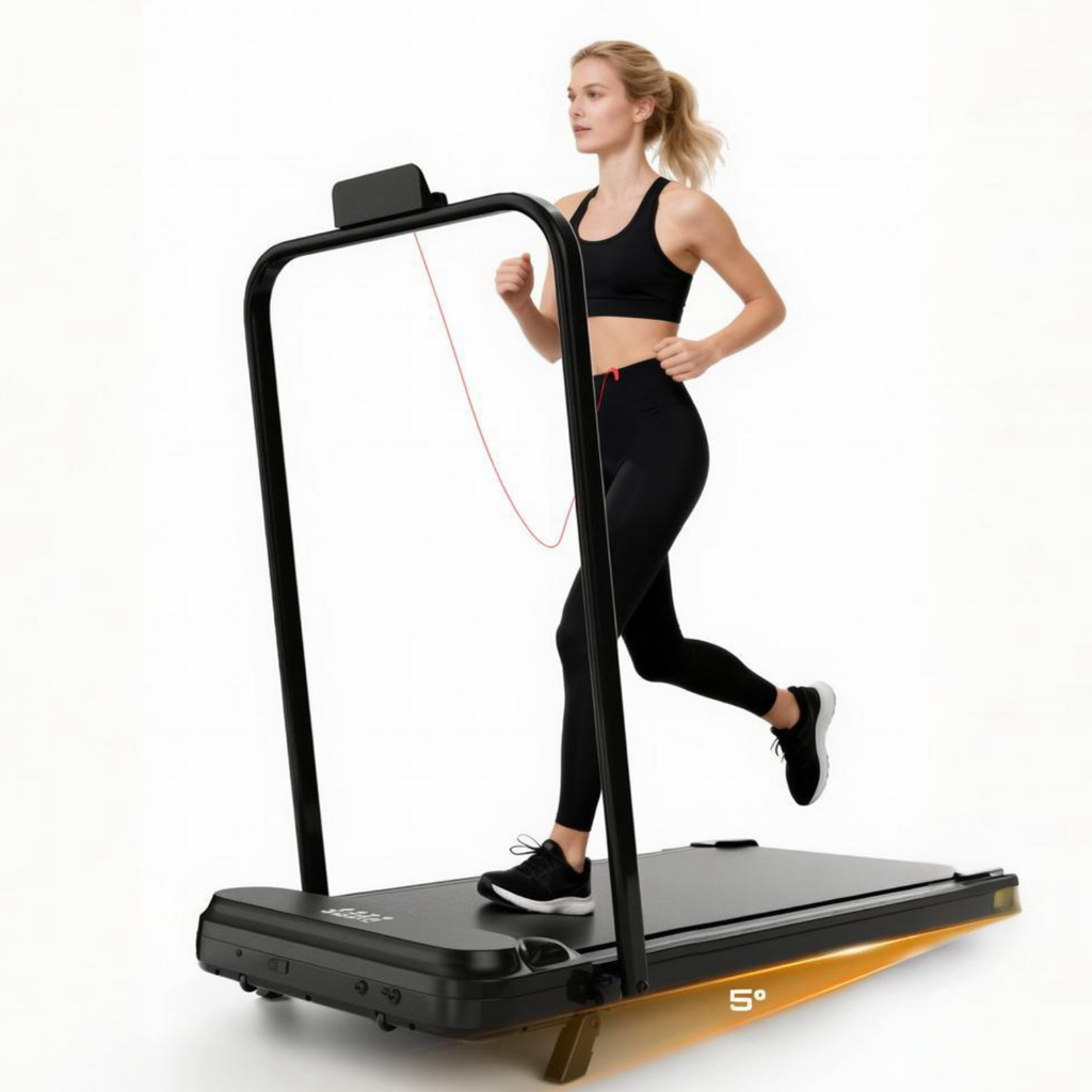 Woman running on a treadmill with a white background