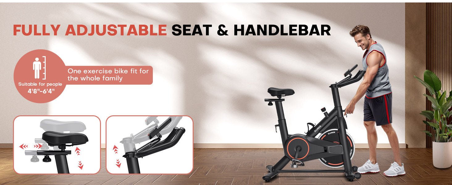 Person using a stationary bike with adjustable seat and handlebar, indoor setting.