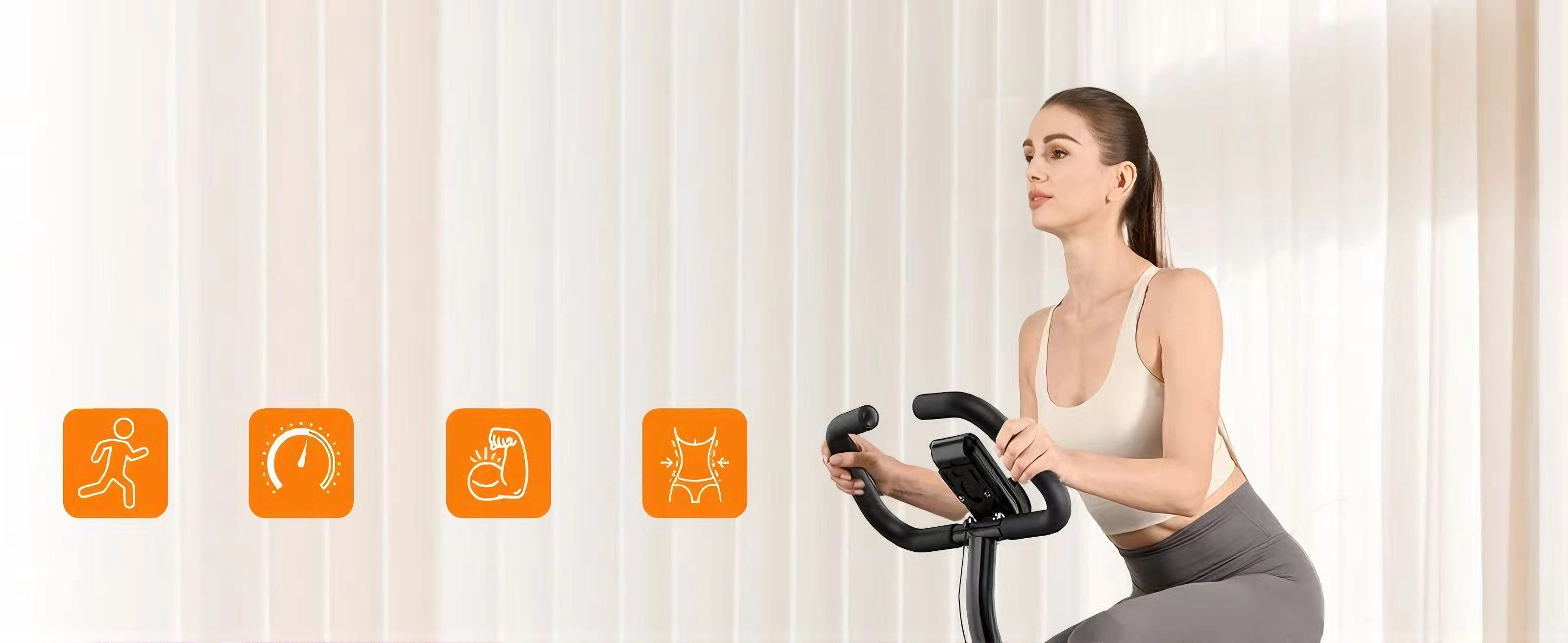 Woman exercising on a stationary bike with icons and text overlay on a light background