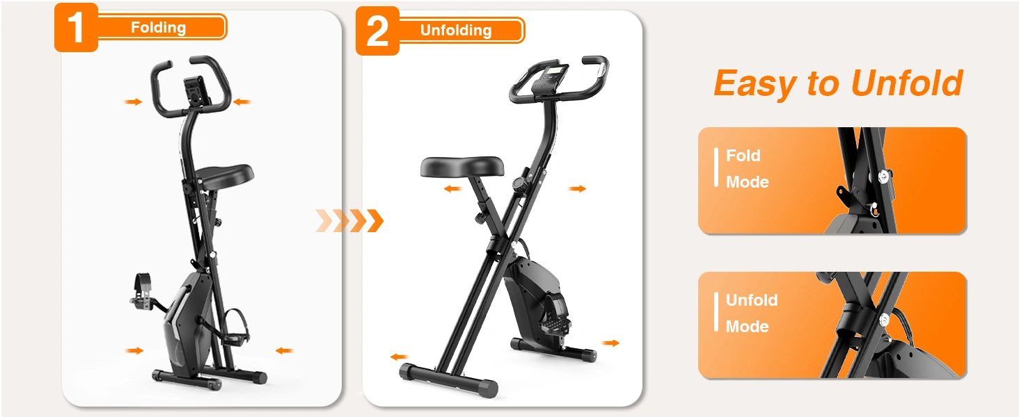 Step-by-step guide on how to unfold an exercise bike with labeled steps and text.