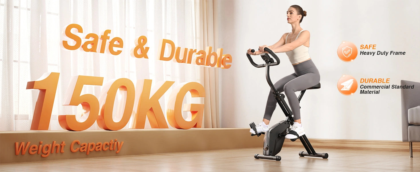 Woman exercising on a stationary bike with text highlighting safety and durability, weight capacity, and features.