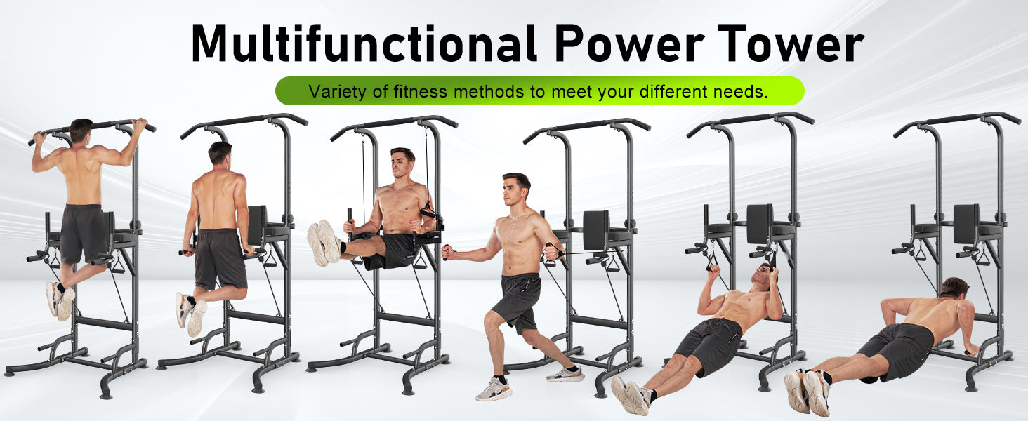 Multifunctional power tower with various fitness methods on a white background