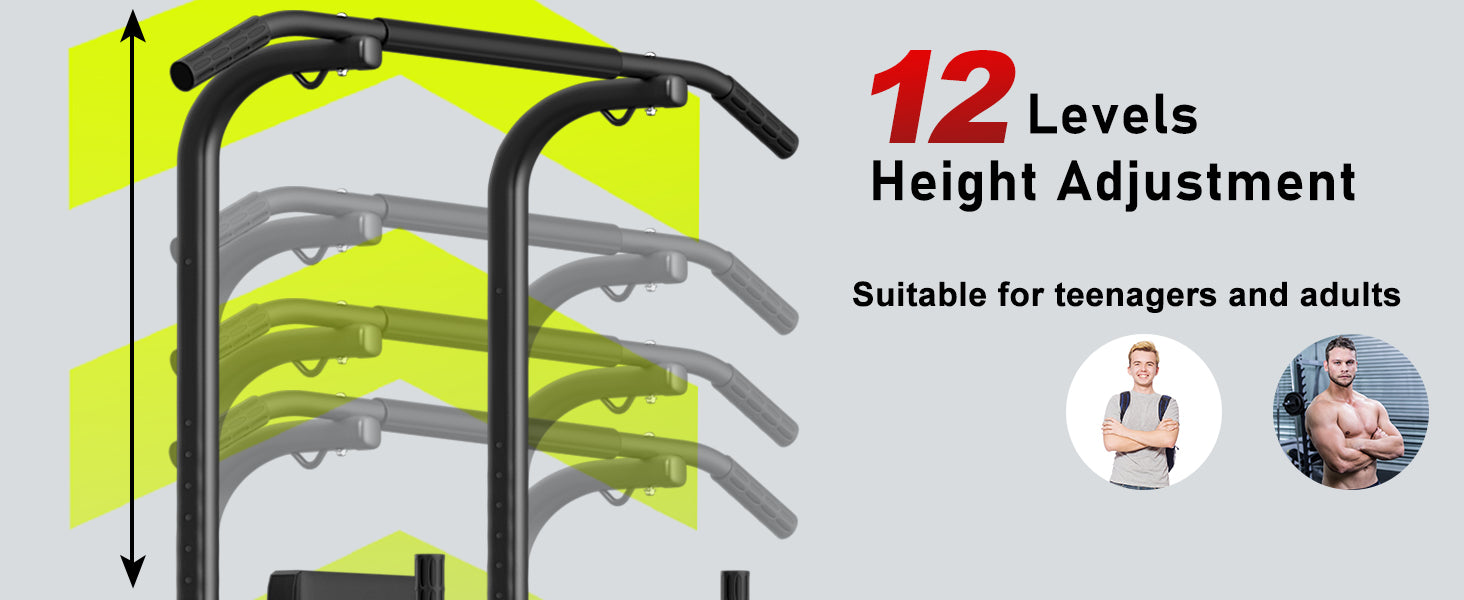 Height-adjustable pull-up bar with 12 levels of adjustment, suitable for teenagers and adults, on a gray background.