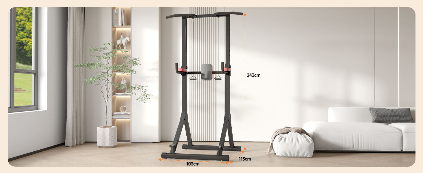 power tower in a living room setting with dimensions displayed