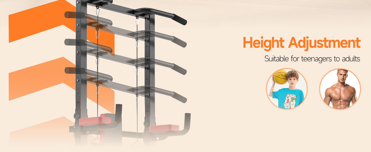Height adjustable pull-up bar with orange arrows and fitness illustrations on a beige background