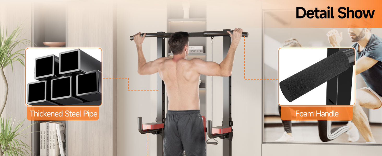 Man using a pull-up bar with highlighted features of thickened steel pipe and foam handle.