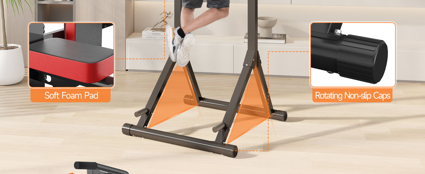 power tower with soft foam pad and rotating non-slip caps on a wooden floor.