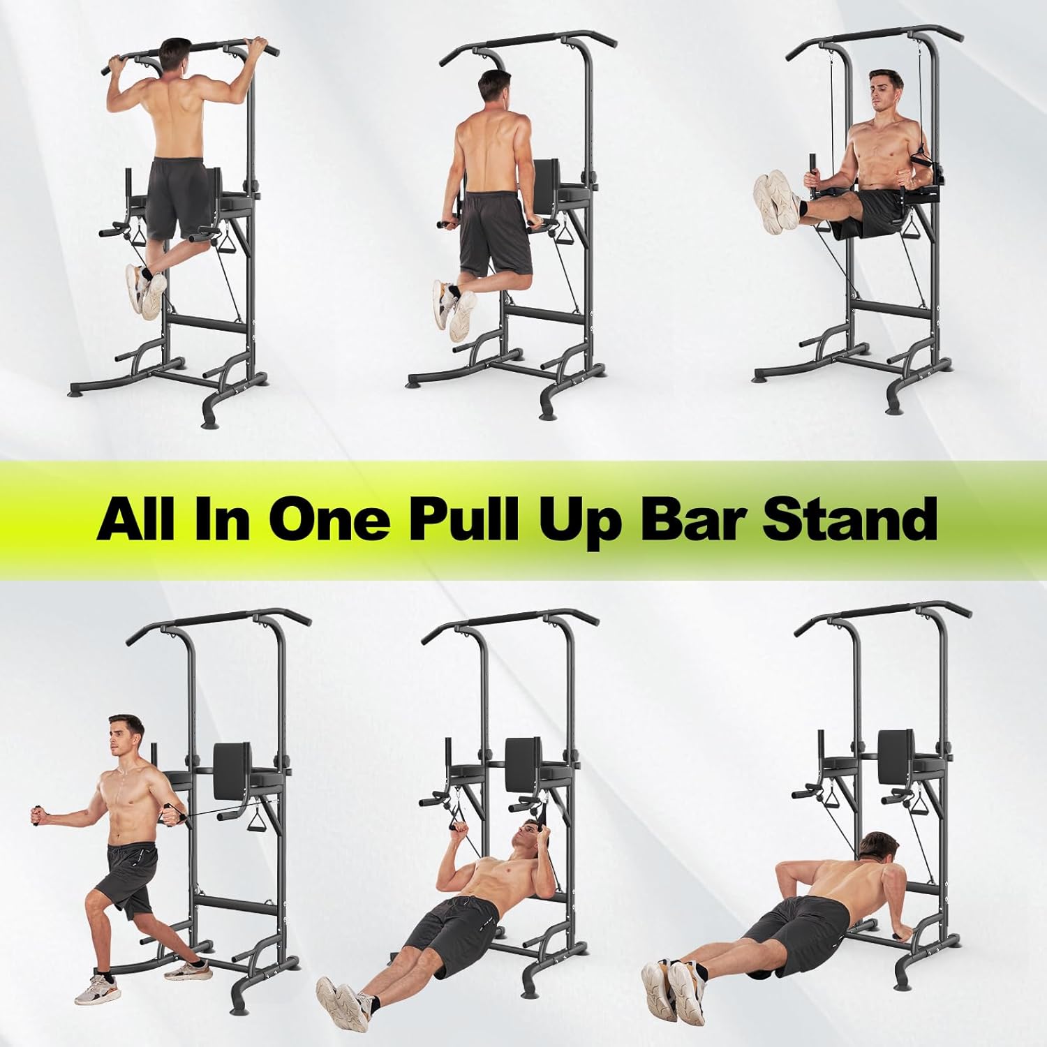 All-in-one pull-up bar stand with multiple angles and uses on a white background