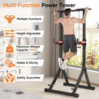 Multi-function power tower with a person using it in a home setting, featuring multiple functions, height adjustable, maximum weight capacity, stable & sturdy, and safety guarantee.
