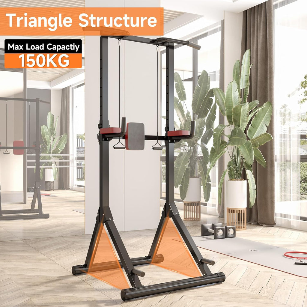 Home gym pull-up bar with triangle structure and max load capacity display in a room with plants and exercise equipment.
