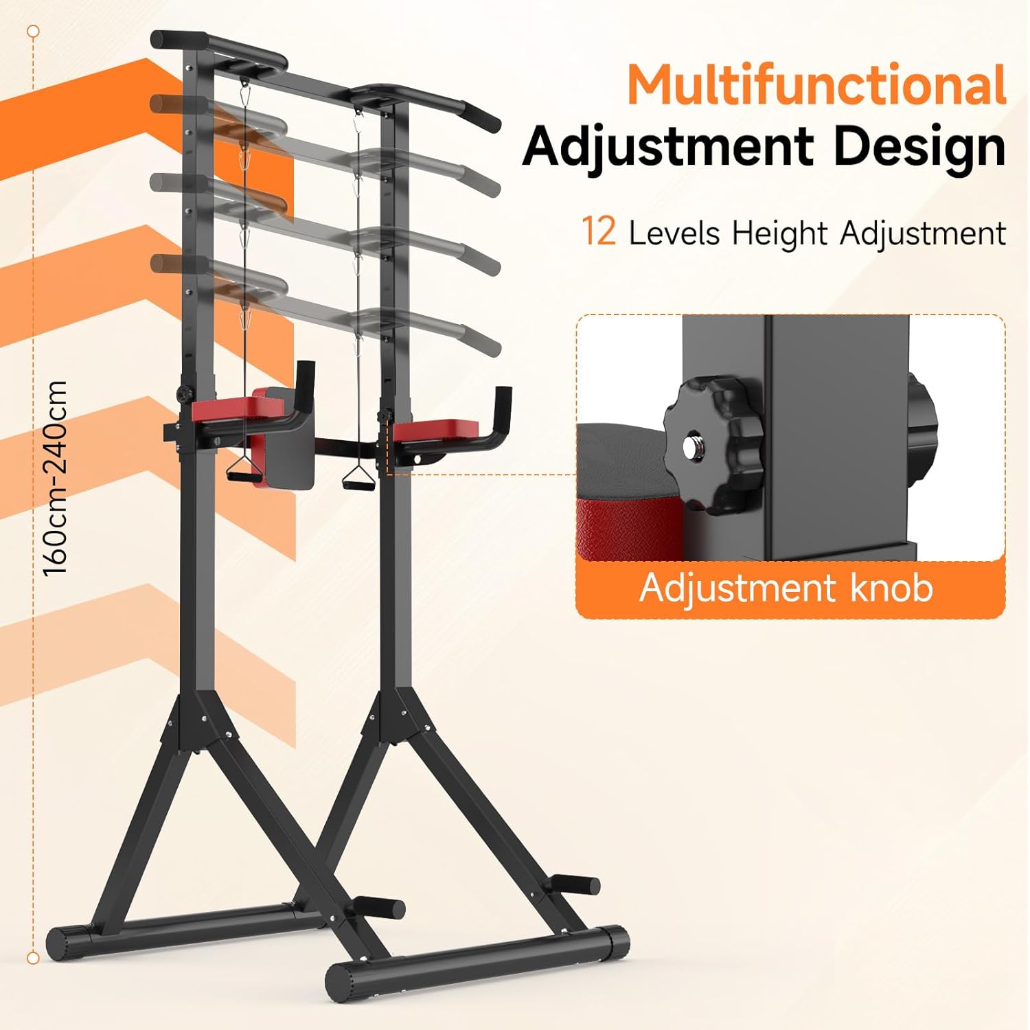 Multifunctional height-adjustable stand with 12 levels of adjustment on a beige background.