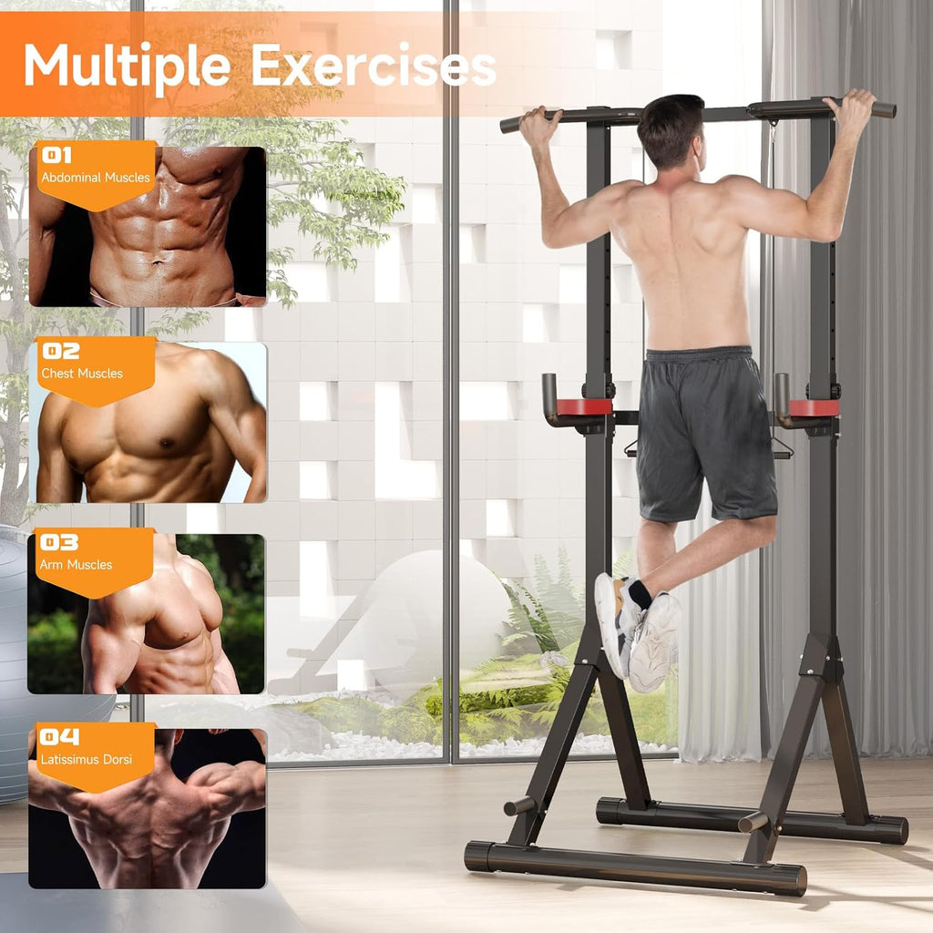 Person using a pull-up bar with fitness muscle diagrams on a screen.