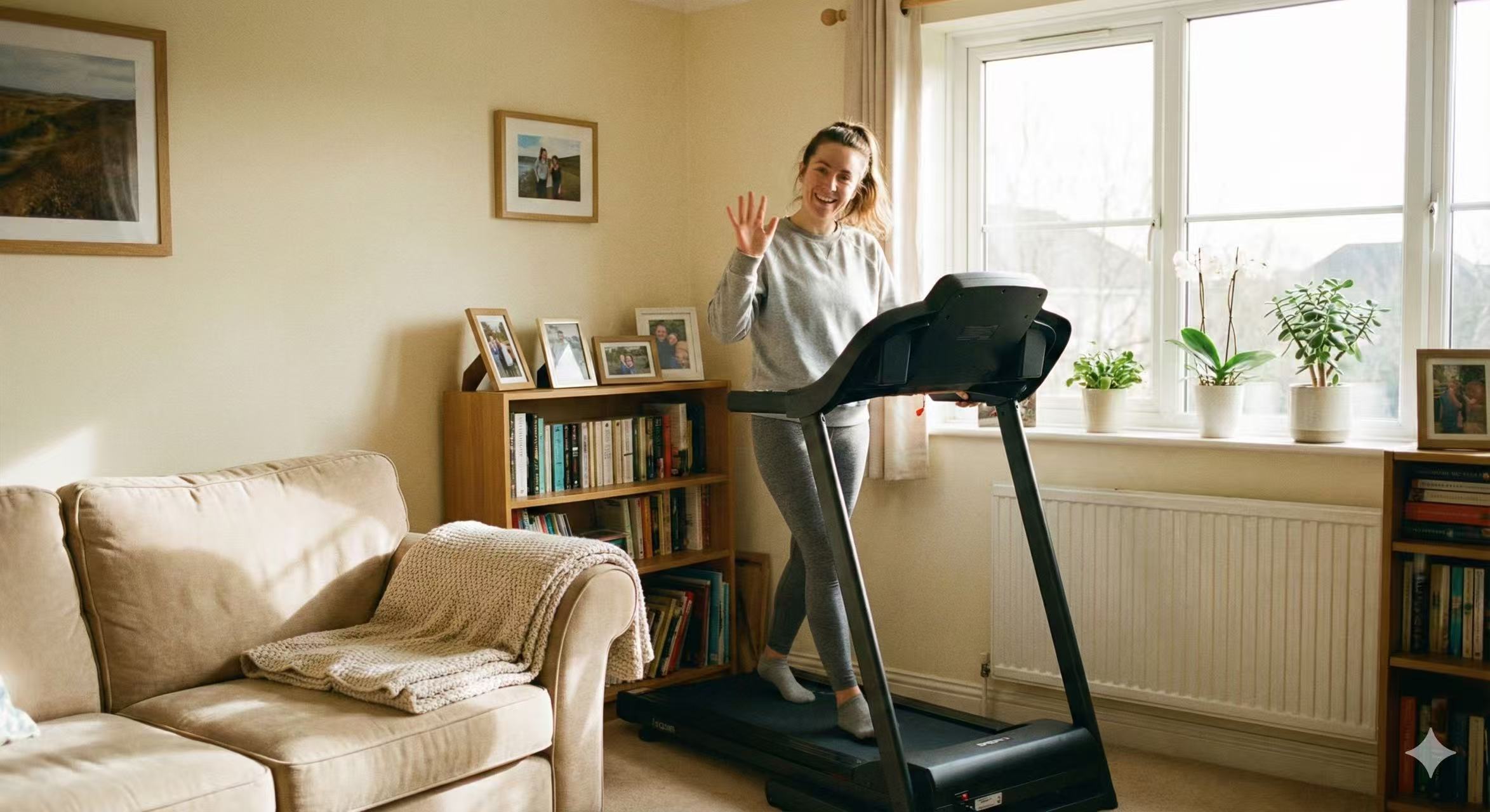 Woman using a treadmill in a home setting with a couch and bookshelf in the background.