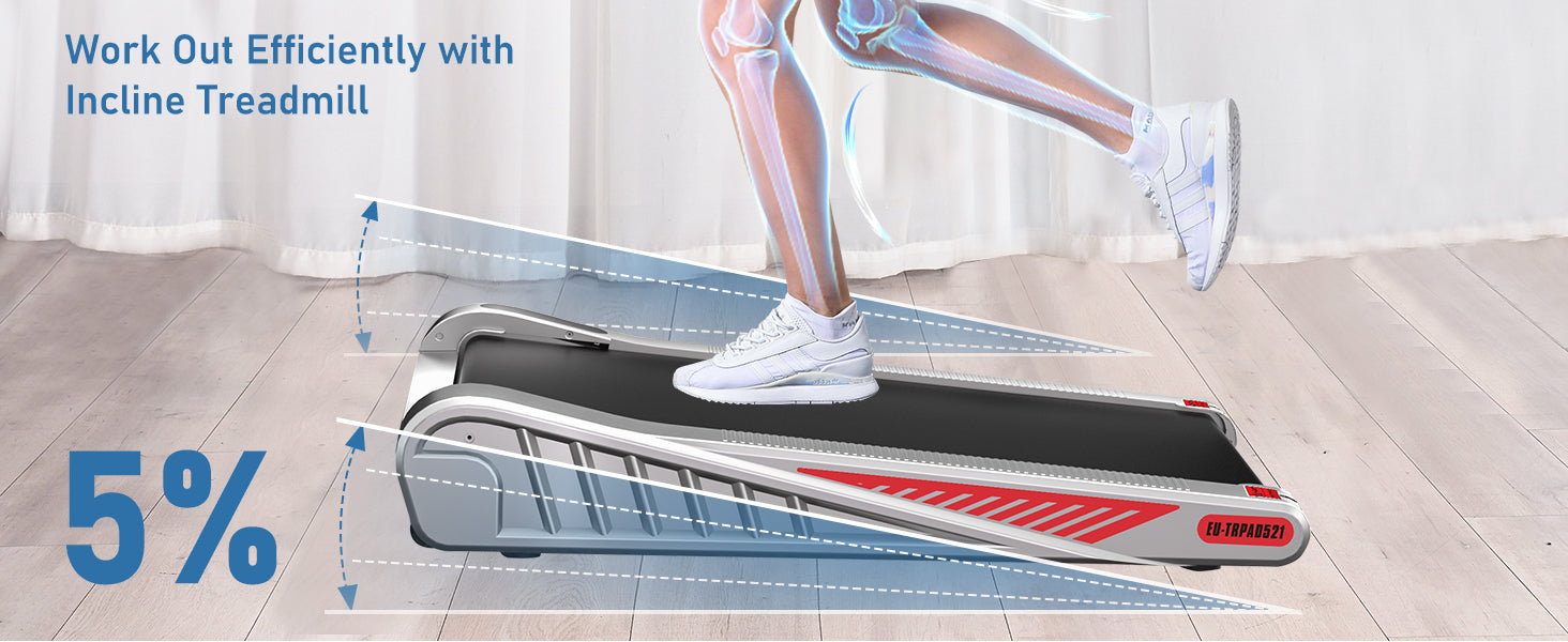 Incline treadmill with a person using it, showing leg bones on a transparent overlay.