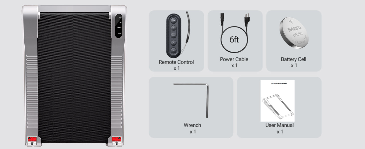 treadmill product packaging with remote control, power cable, battery cell, wrench, user manual, and 6ft cable displayed on a gray background.