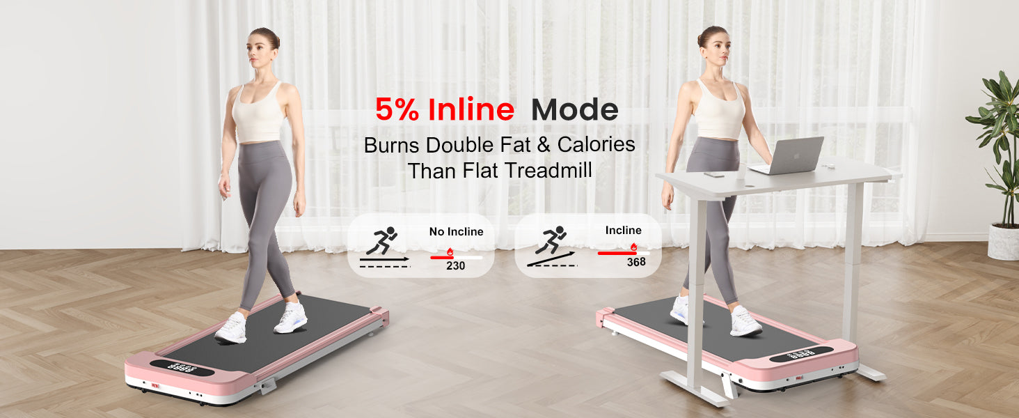 Two women using a treadmill with a 5% inline mode feature, standing on a flat surface and at an incline.