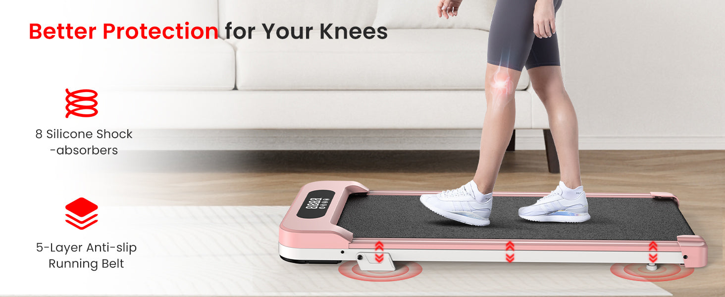 Person using a home exercise machine with text about knee protection and product features.