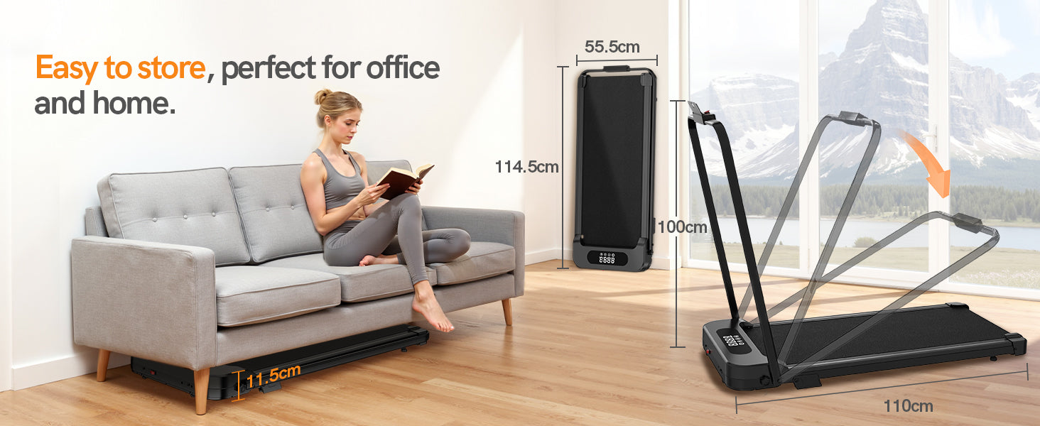 Woman reading on a sofa with a treadmill next to it, showing dimensions.