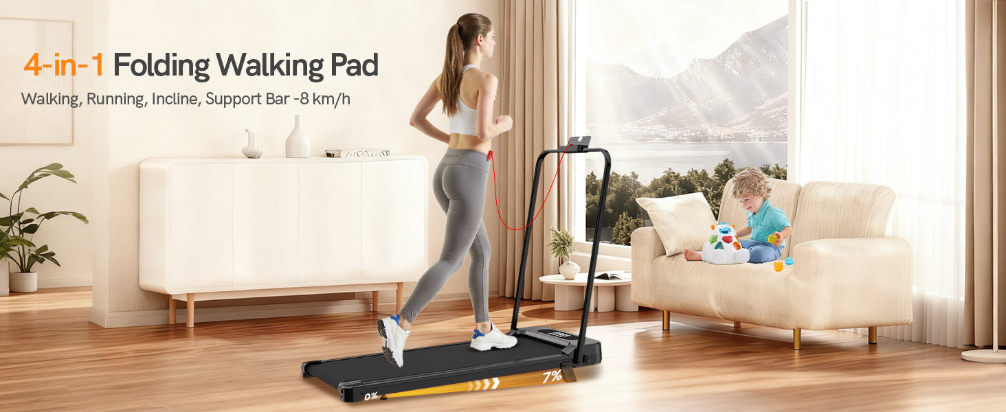 Woman using a 4-in-1 folding walking pad in a living room with a child playing on a couch.