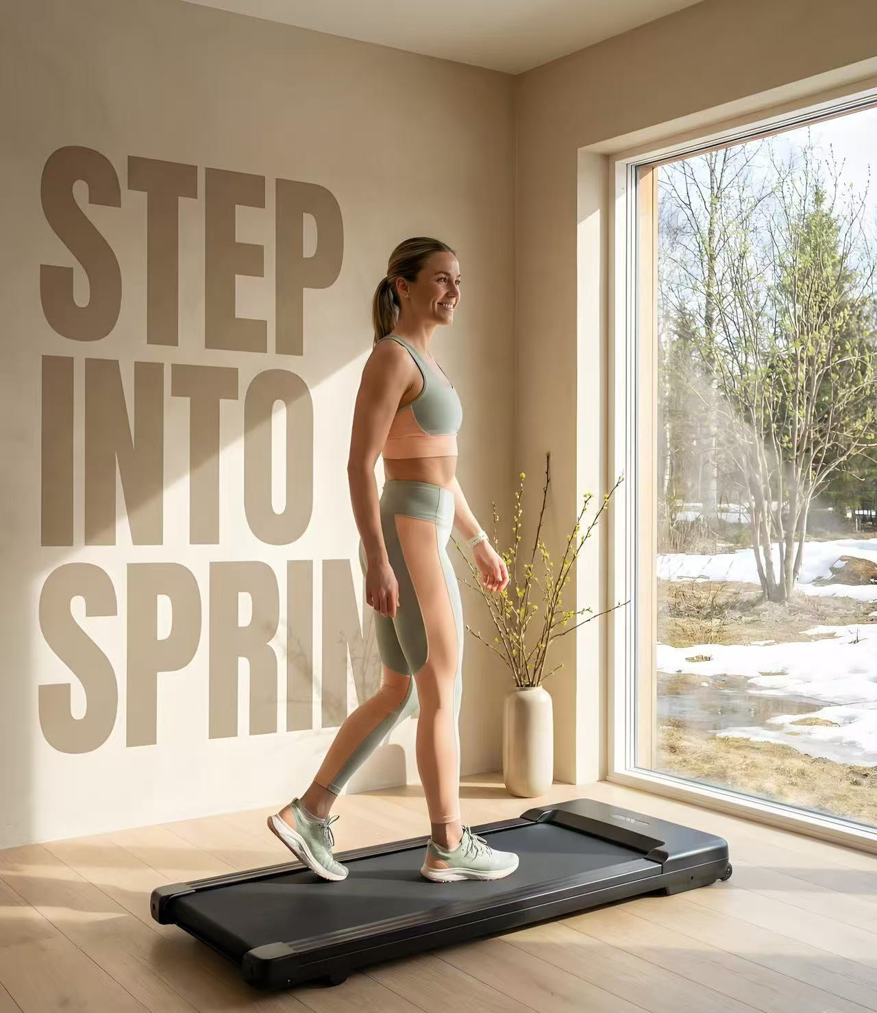 Woman walking on a treadmill in a room with a large window and 'Step into Spring' text on the wall.