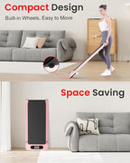 Woman using a space-saving device in a living room with text highlighting its compact design and ease of movement.