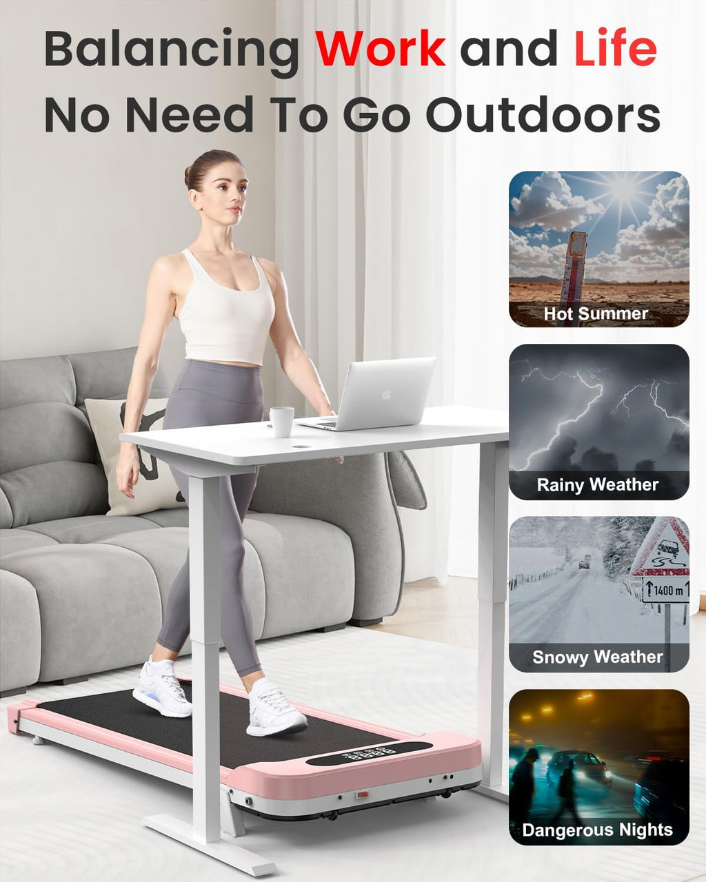 Woman using a treadmill desk in a home setting with weather condition icons displayed.