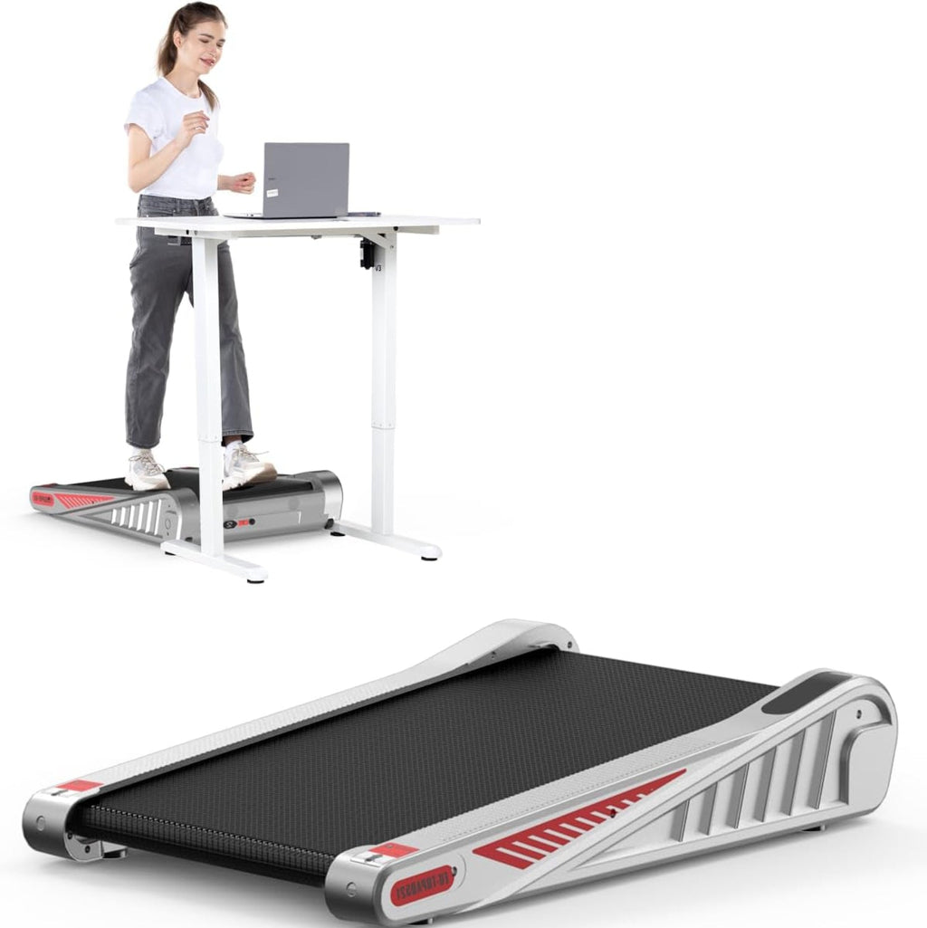 Person using a treadmill desk with a laptop on a white background