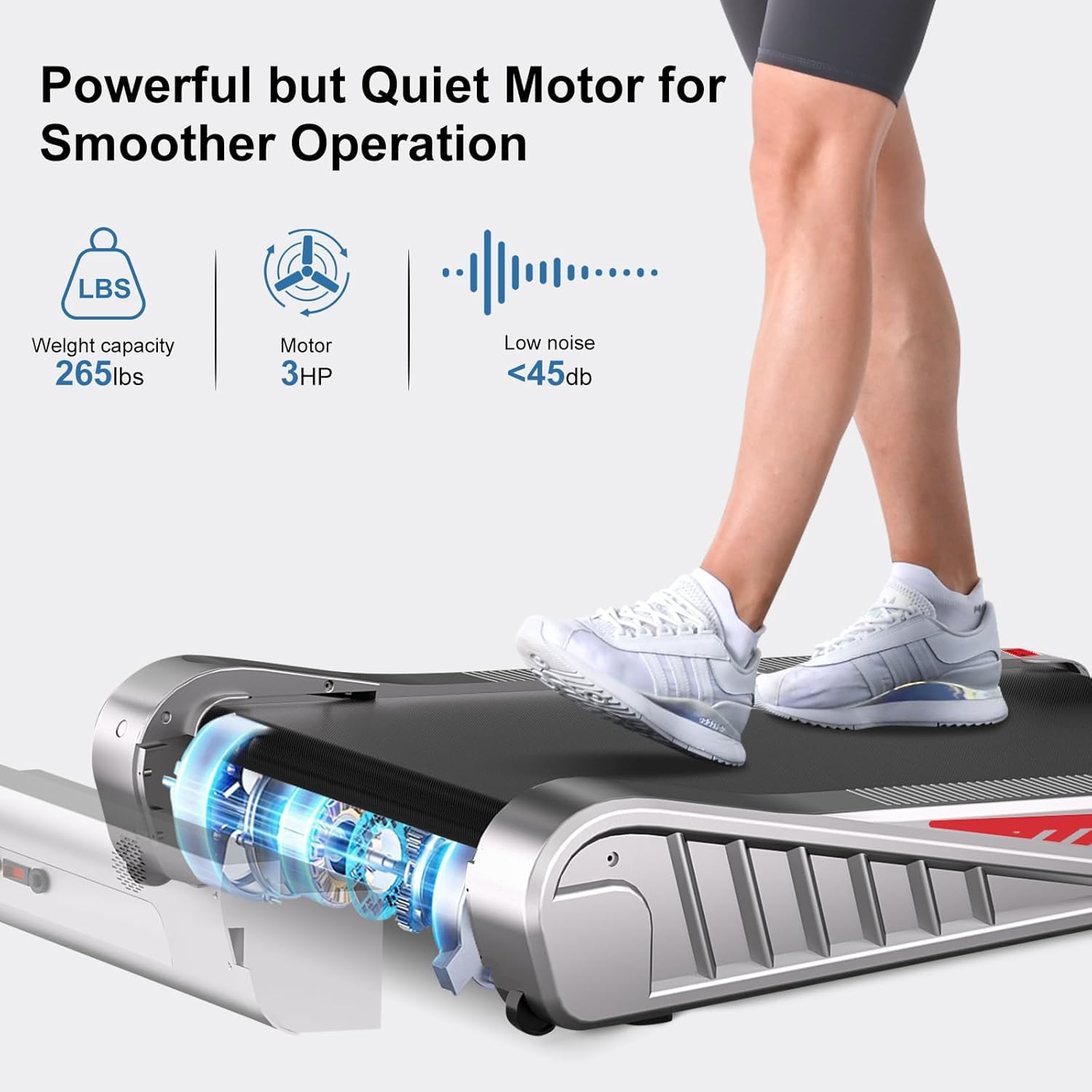 Person using a treadmill with text highlighting motor power and noise level.