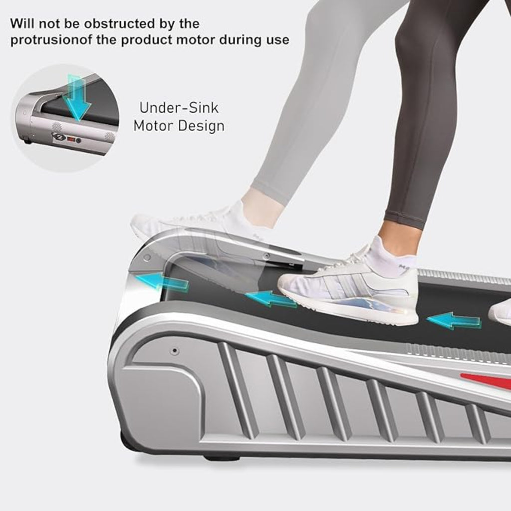 Person using a portable step machine with text highlighting under-sink motor design.