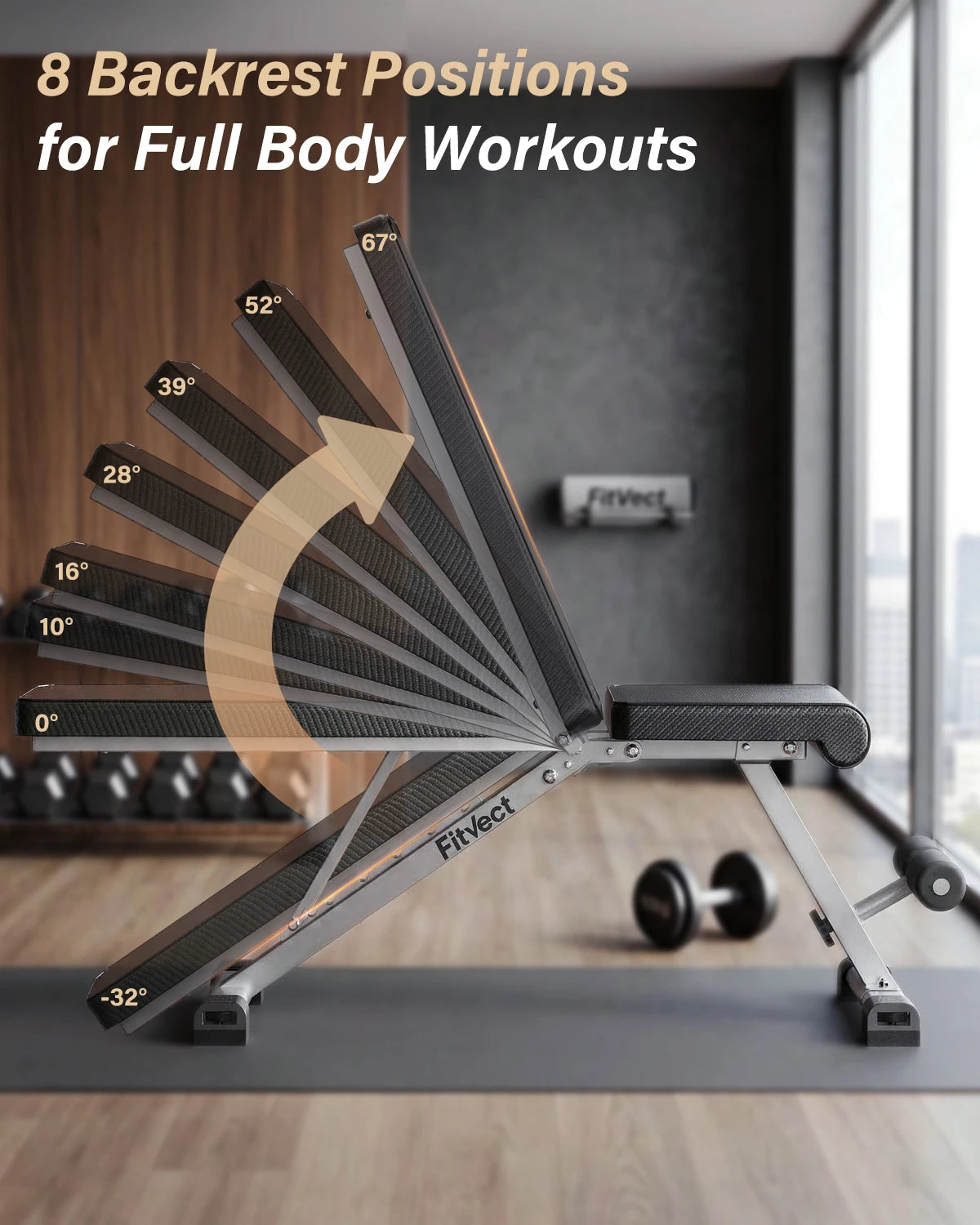 Adjustable weight bench with 8 backrest positions, Fitvect onyx for incline/decline exercise