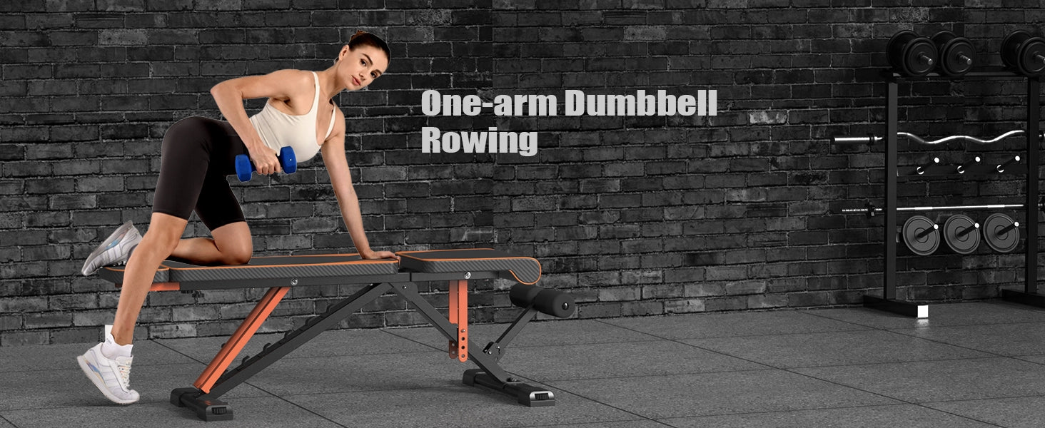 Woman performing one-arm dumbbell row exercise in a gym setting with 'One-arm Dumbbell Row' text.