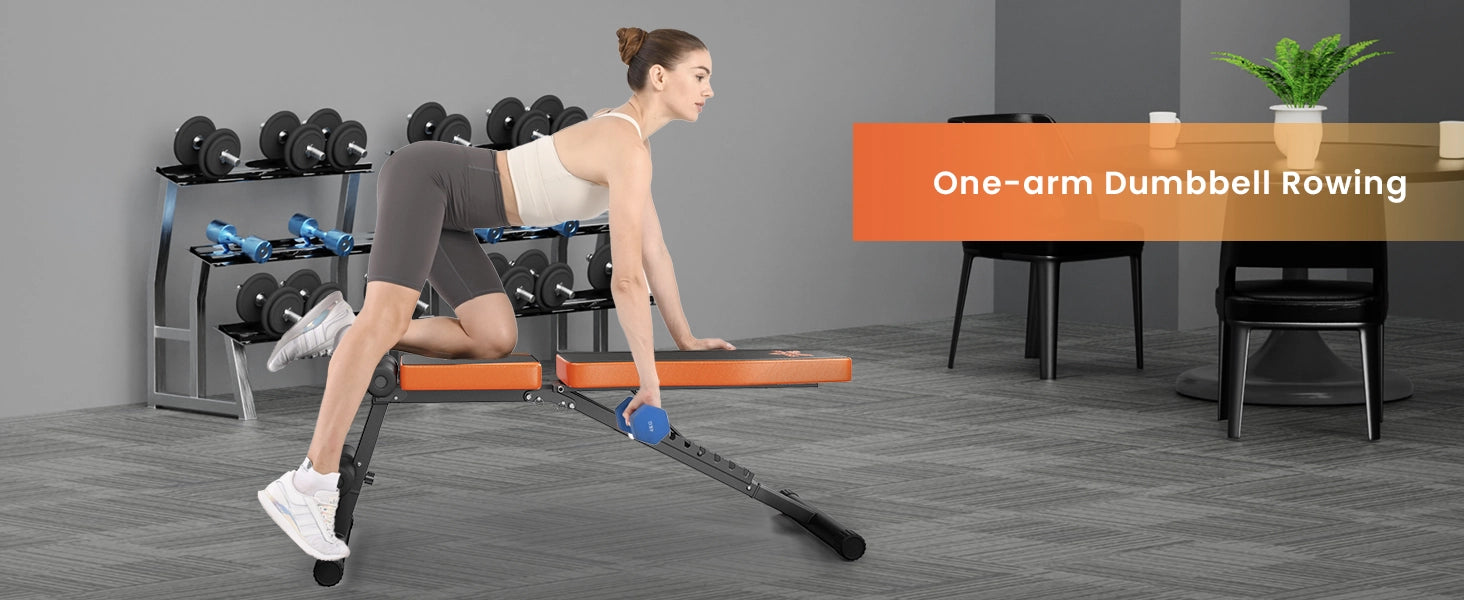 Woman performing one-arm dumbbell row exercise in a home office setting with gym equipment.