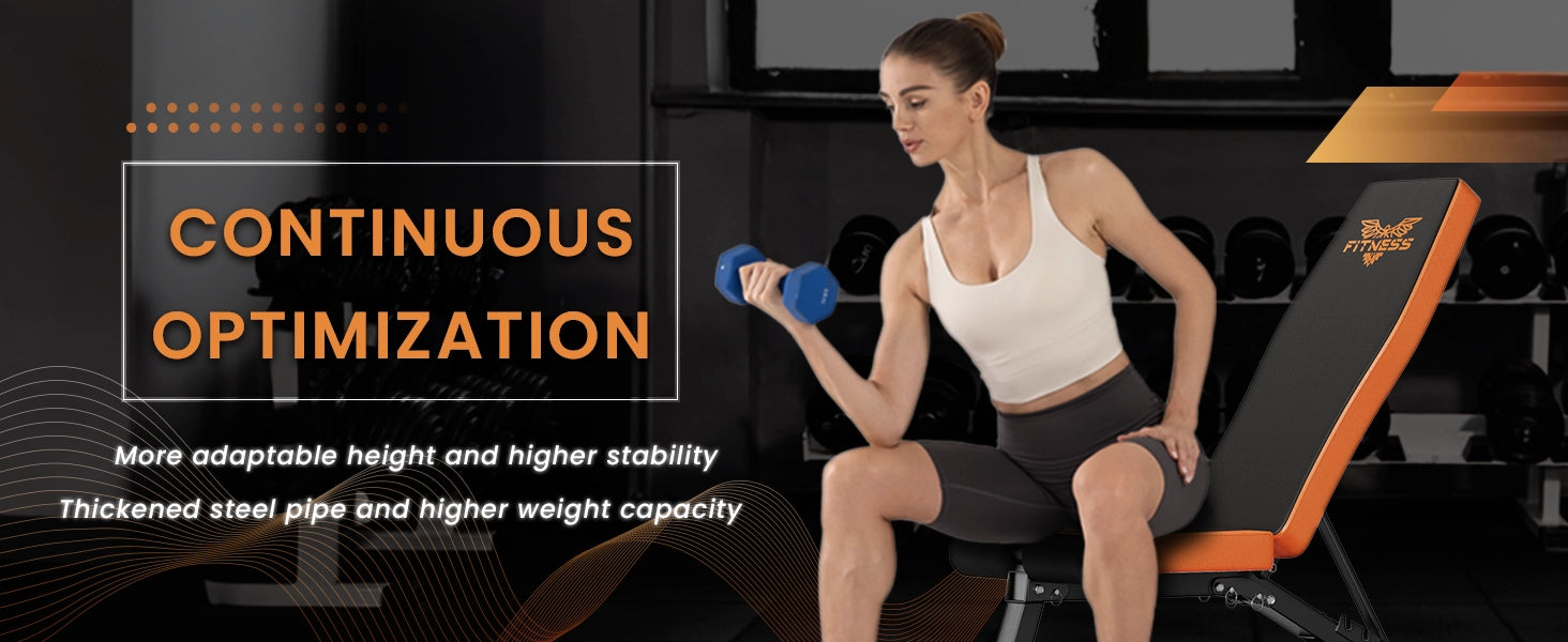 Woman exercising with dumbbells in a gym setting, with text about product features.
