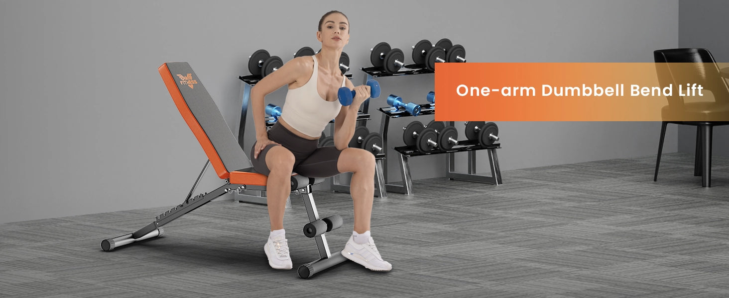 Person performing a one-arm dumbbell bend lift on a weight bench.