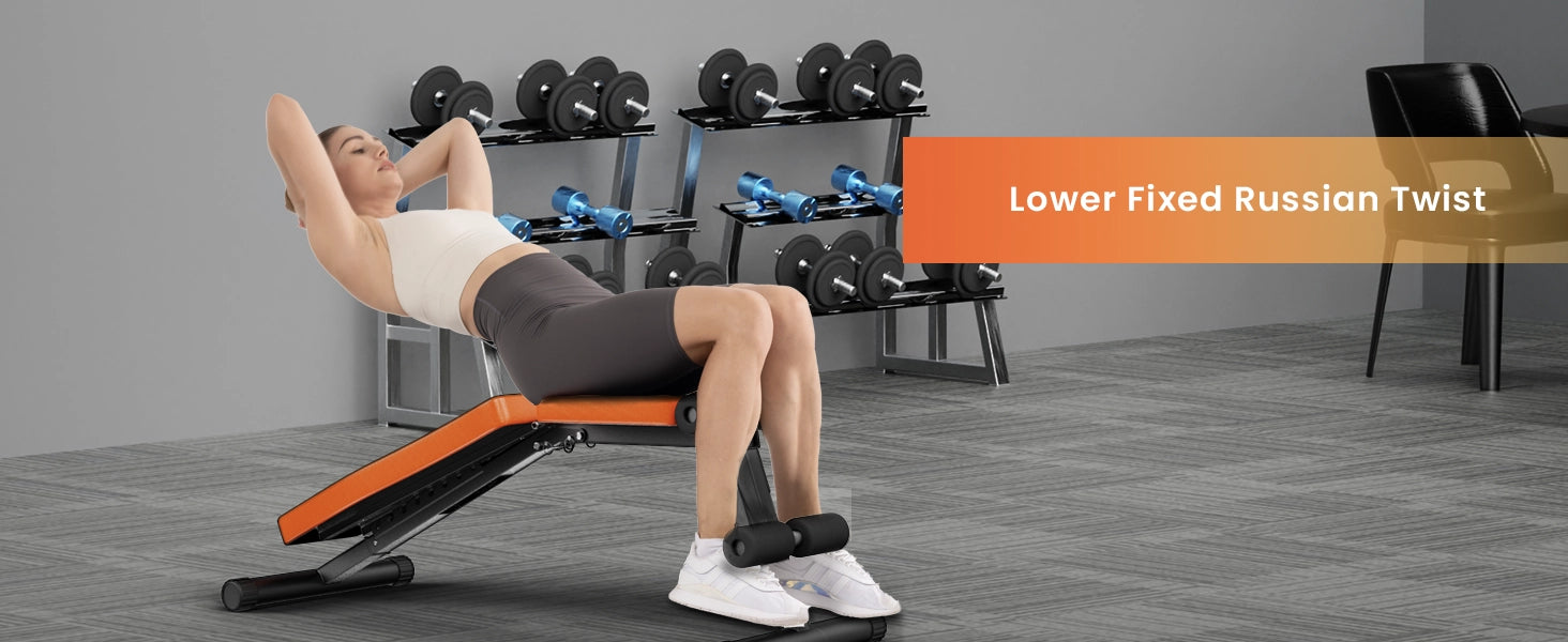 Person performing a Lower Fixed Russian Twist exercise on a weight bench.