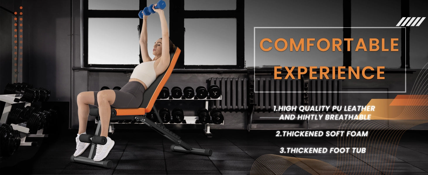 Woman exercising on a gym bench with fitness equipment in the background