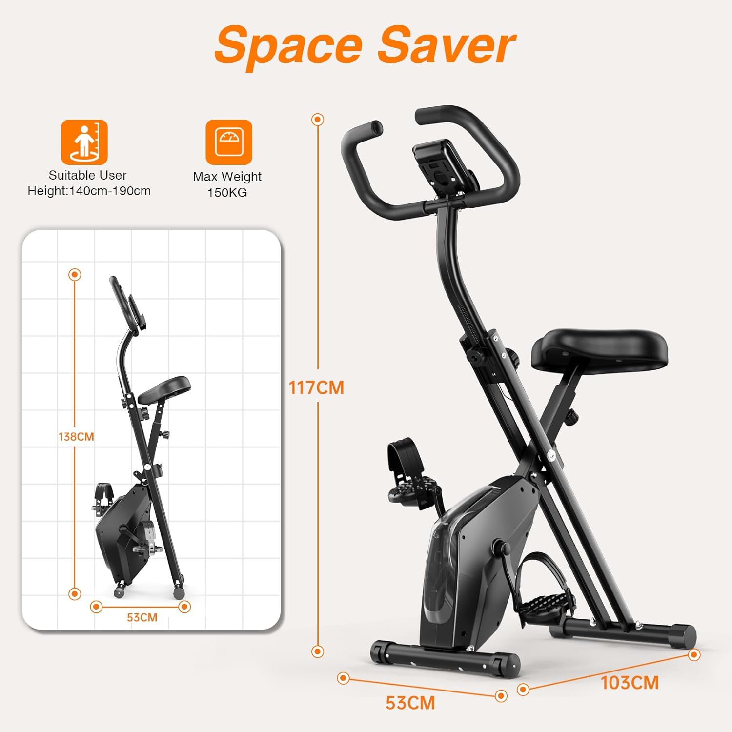 Space-saving exercise bike with dimensions on a white background