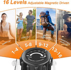 Adjustable magnetic tension control device with lifestyle images of people exercising and text indicating different levels.