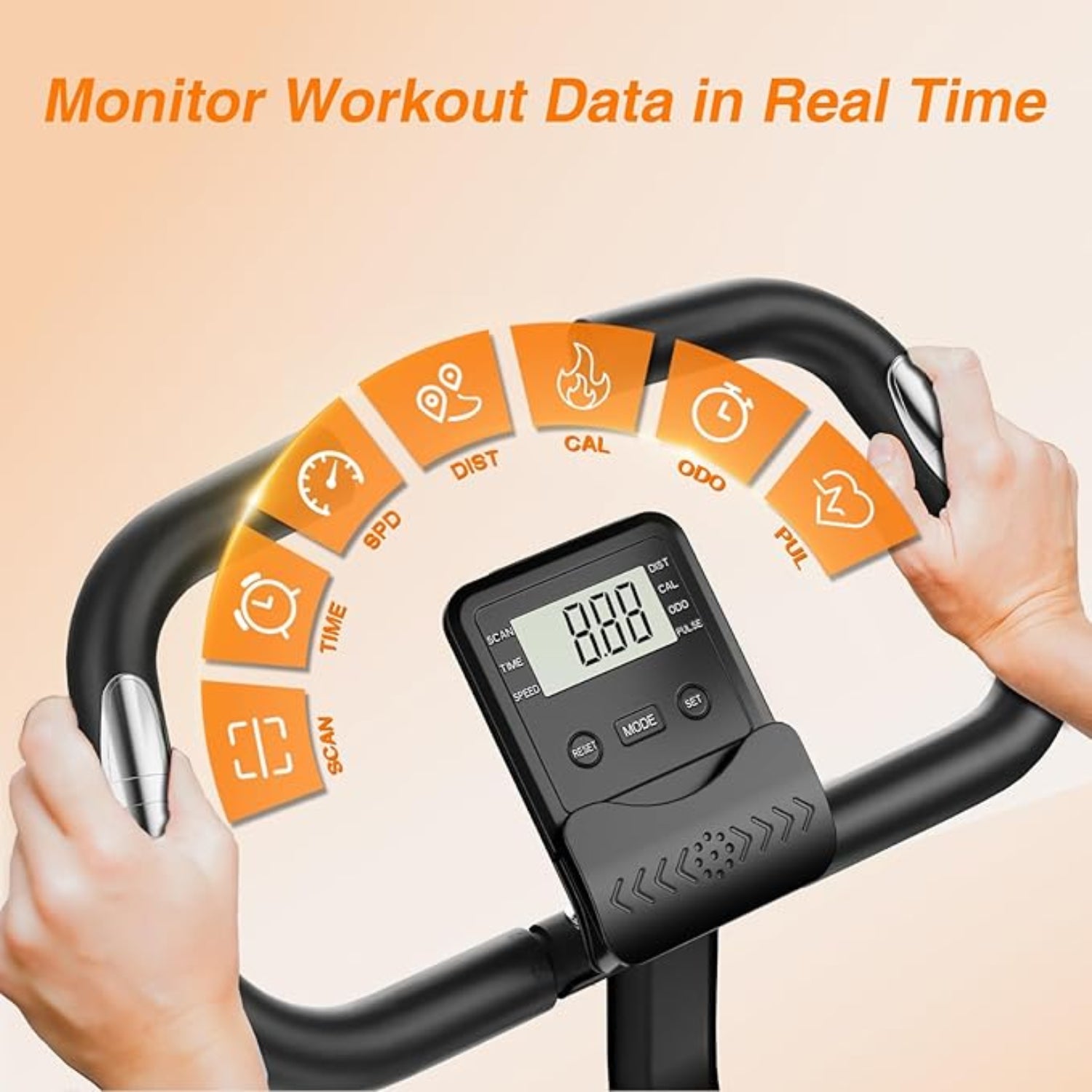 Handheld electronic device with digital display and orange icons on a beige background